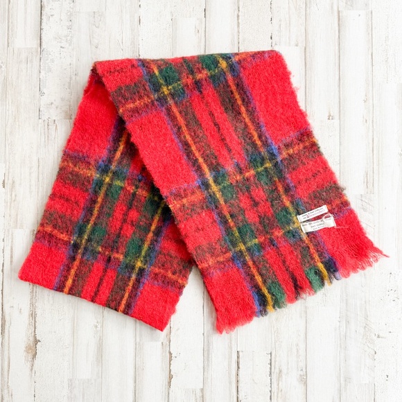 Vintage Accessories - Vintage 60s 70s Brushed Wool Tartan Plaid Scarf Red Fuzzy Italy Alexander’s